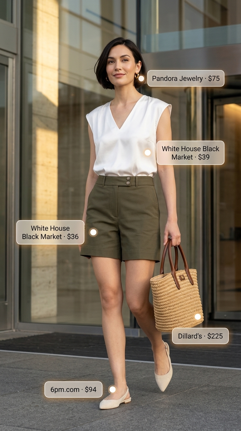 Summer Business Casual Outfit 2026: Shorts Ensemble Olive green tailored shorts with white silky blouse and straw tote for a summer business casual outfit 2026.