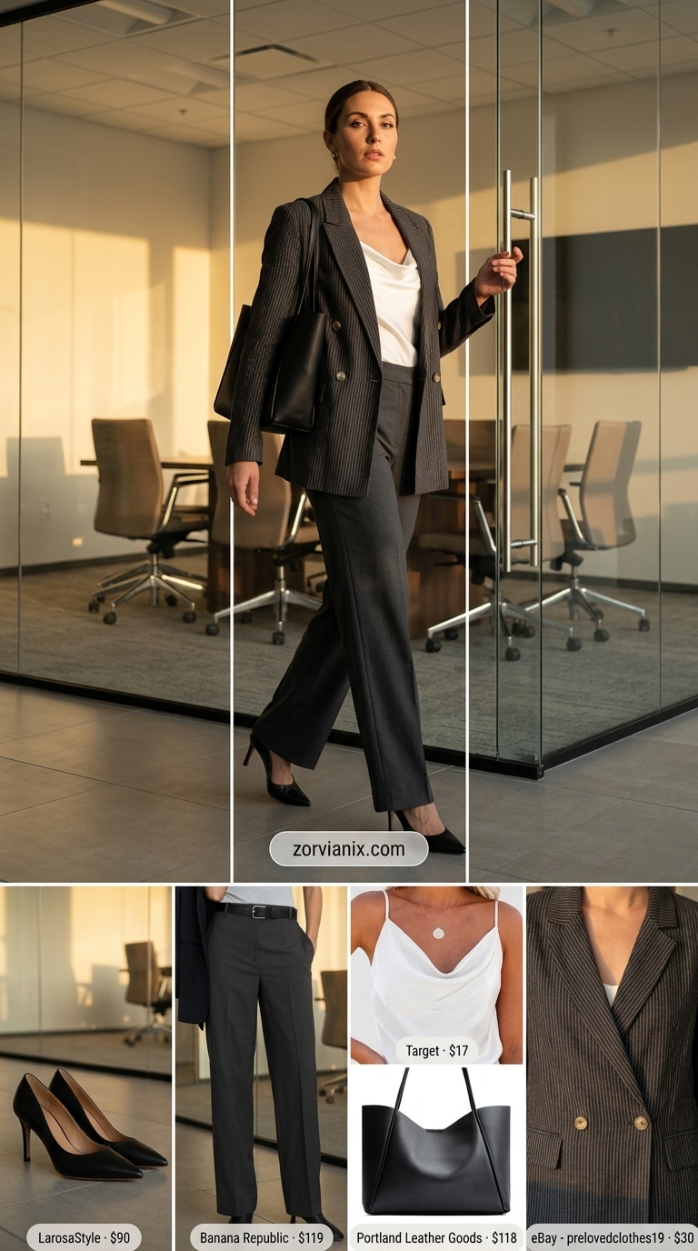 Classic Pinstripe Power: Summer Business Casual 2026 Pinstripe blazer outfit for summer business casual 2026. Grey trousers, black pumps, and camisole.