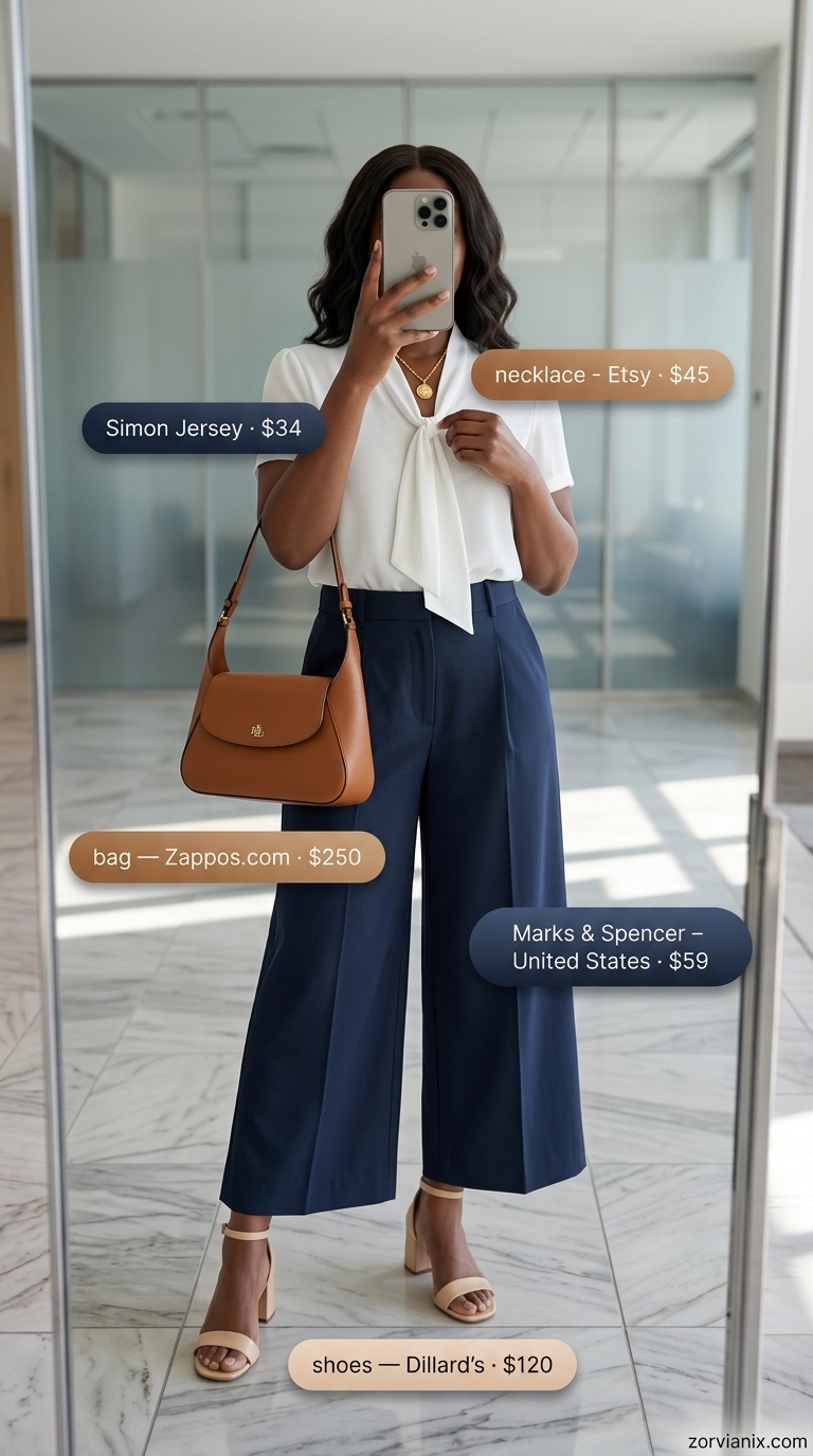 Chic Culottes Summer Business Casual Outfit 2026 Chic summer business casual outfit for women 2026: Navy culottes, cream blouse, tan sandals, and shoulder bag.