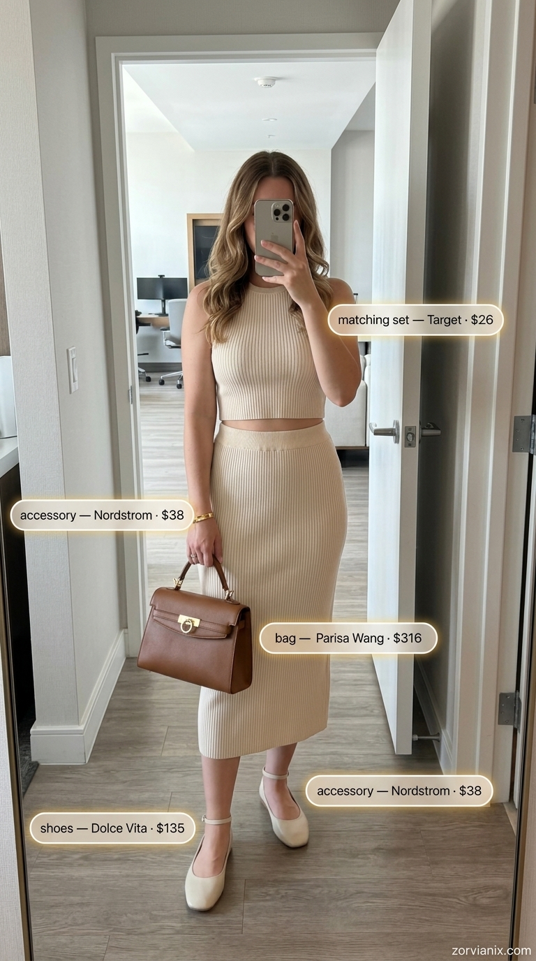 Sophisticated Knit Set: Summer Business Casual 2026 Beige knit set outfit for summer business casual 2026. Ballet flats, structured bag, and gold bracelet.