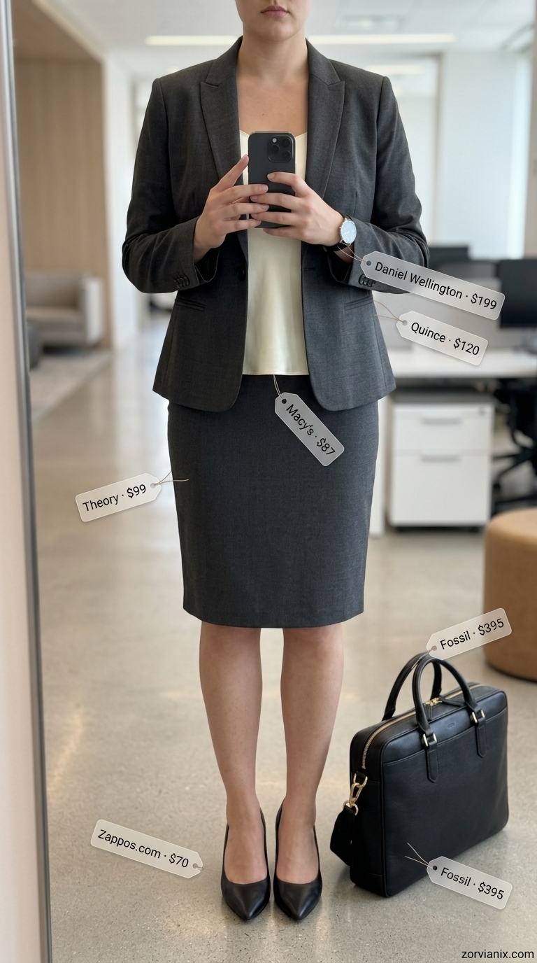 Sophisticated Skirt Suit: Summer Business Casual 2026 Charcoal grey skirt suit outfit for summer business casual 2026. Silk camisole, leather pumps, and briefcase.