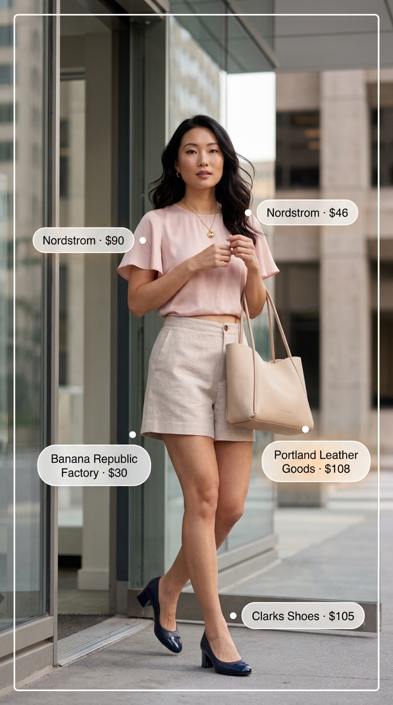 Summer Business Casual Outfit 2026: Linen Shorts Blush pink blouse with beige linen shorts and navy mules for a summer business casual outfit 2026.