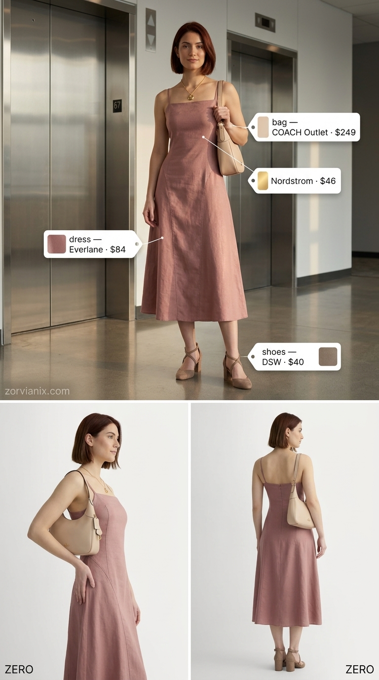 Summer Business Casual Outfit 2026: Sheath Dress Dusty rose linen sheath dress with beige pumps and shoulder bag for a summer business casual outfit 2026.