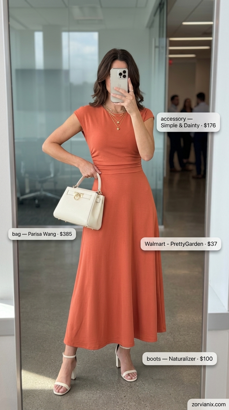 Trendy Matching Set Summer Business Casual 2026 Trendy summer business casual outfit for women 2026: Coral matching set, cream sandals, and gold necklaces.