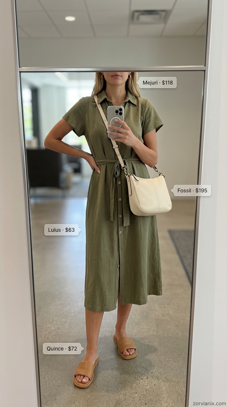 Summer Business Casual Outfit 2026: Linen Dress Olive green linen midi dress with tan slides and cream crossbody for a summer business casual outfit 2026.