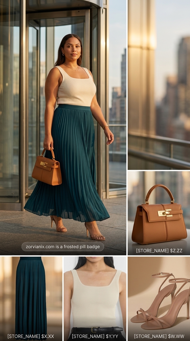 Summer Business Casual Outfit 2026: Maxi Skirt Teal flowy maxi skirt with cream knit top and tan sandals for a summer business casual outfit 2026.