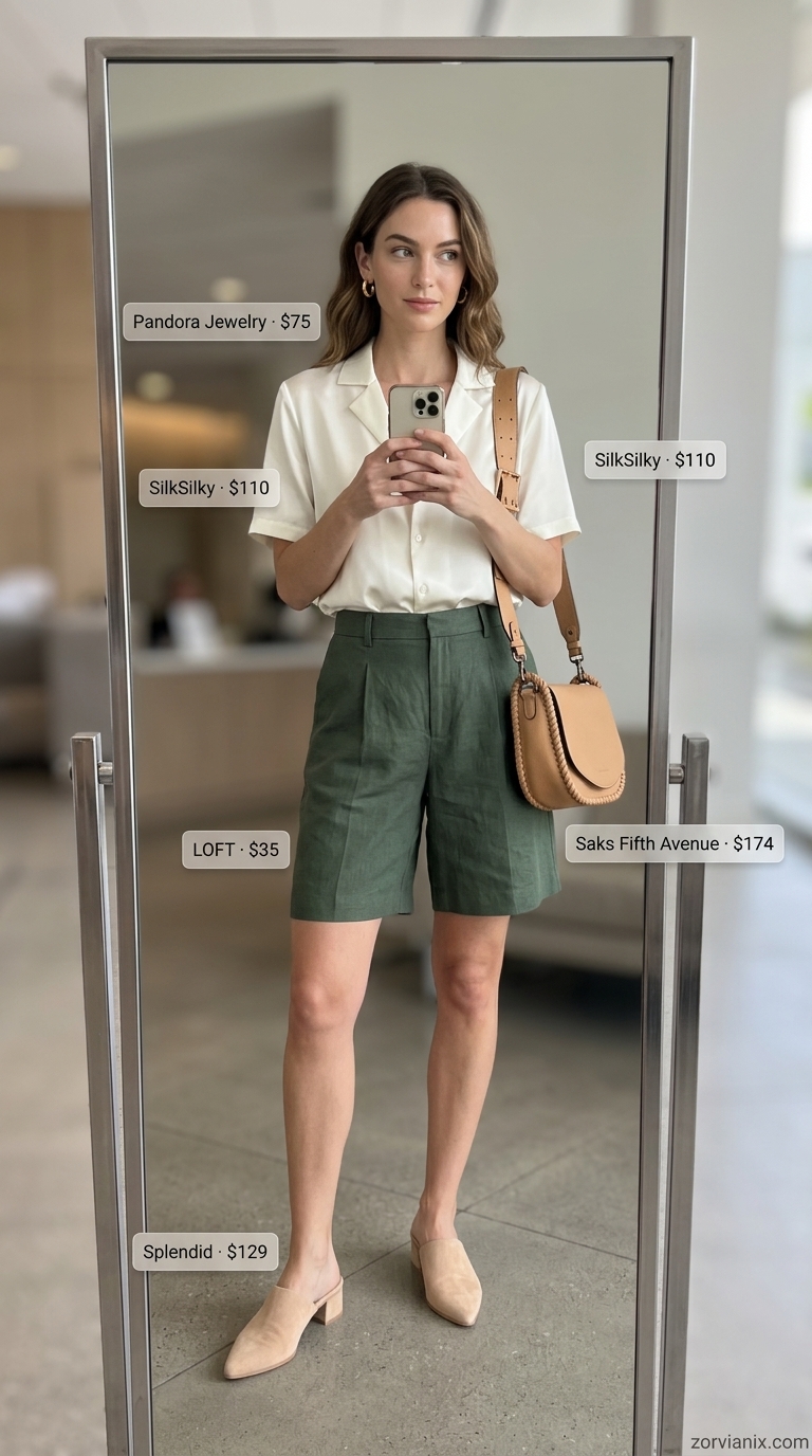 Tailored Shorts Summer Business Casual Outfit 2026 Chic summer business casual outfit for women 2026: Olive green shorts, cream silk blouse, nude mules, and tan bag.