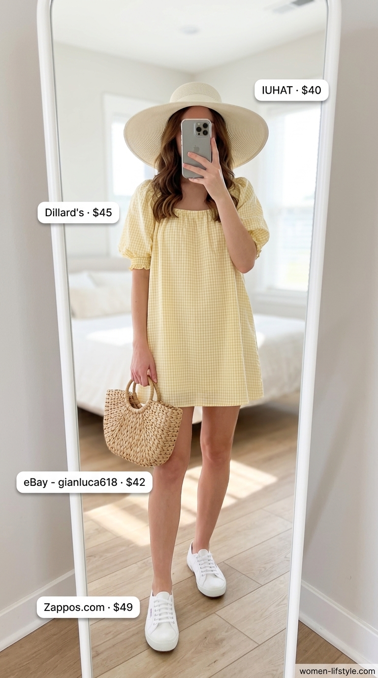 A whimsical pale yellow gingham mini sundress with puff sleeves, styled with white sneakers, a straw basket bag, and a wide-brim hat, ideal for mini summer sundresses 2026 picnics.