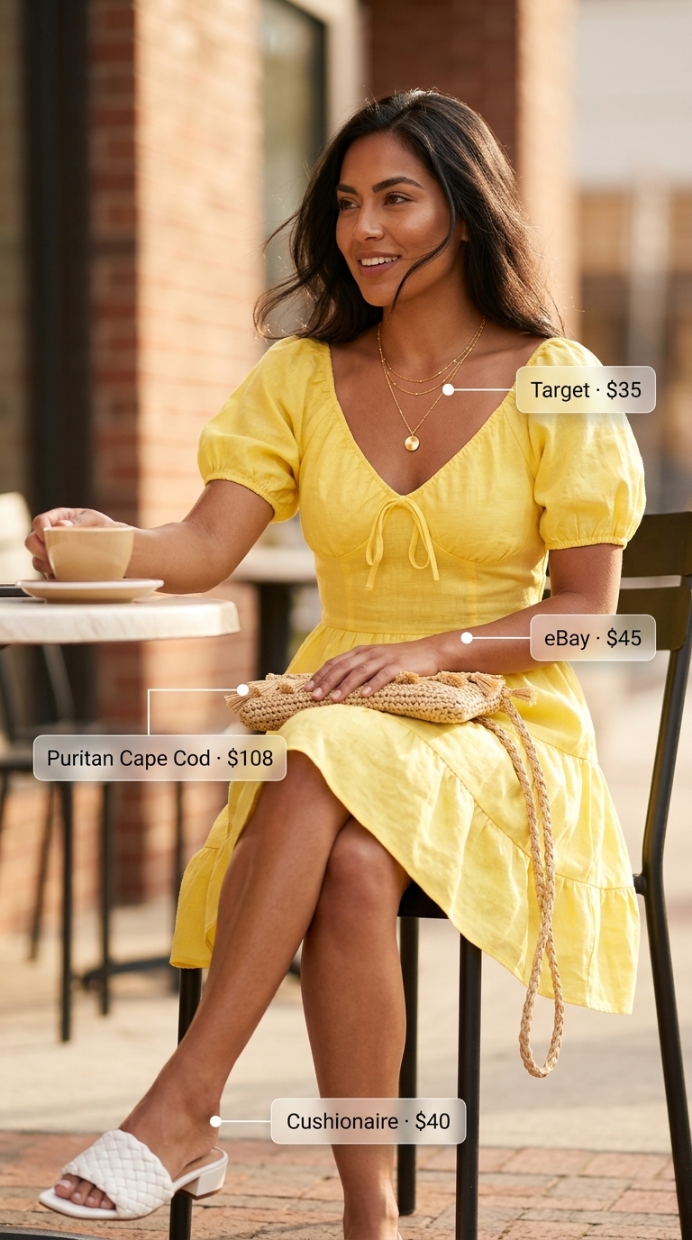 A cheerful buttercup yellow linen blend mini sundress with V-neckline and puff sleeves, paired with low block-heel sandals, a raffia clutch, and layered gold necklaces, essential for mini summer sundresses 2026 brunch.