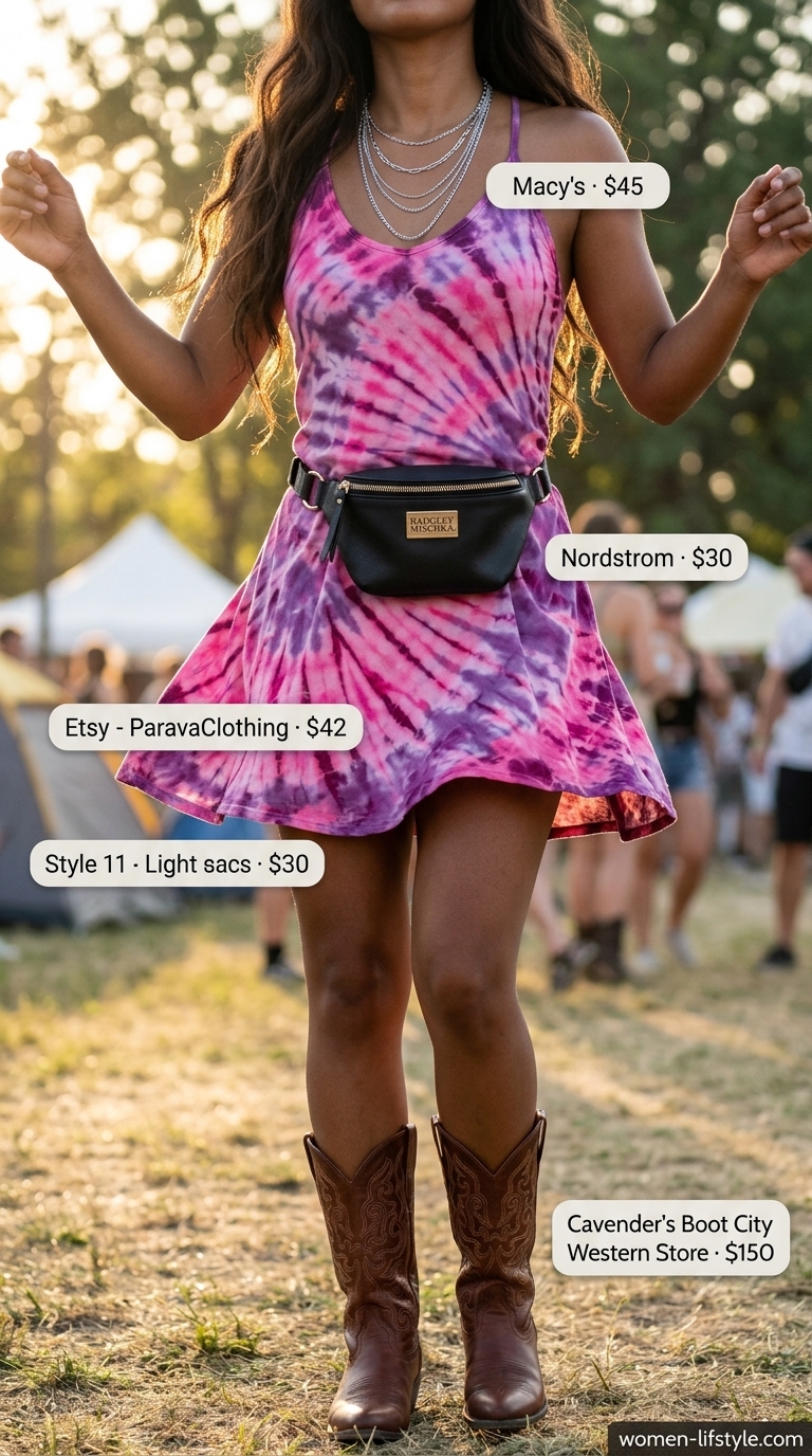 An edgy festival mini summer sundress 2026 in vibrant pink and purple tie-dye, styled with brown cowboy boots, a black belt bag, and layered silver necklaces for a bohemian-inspired look.