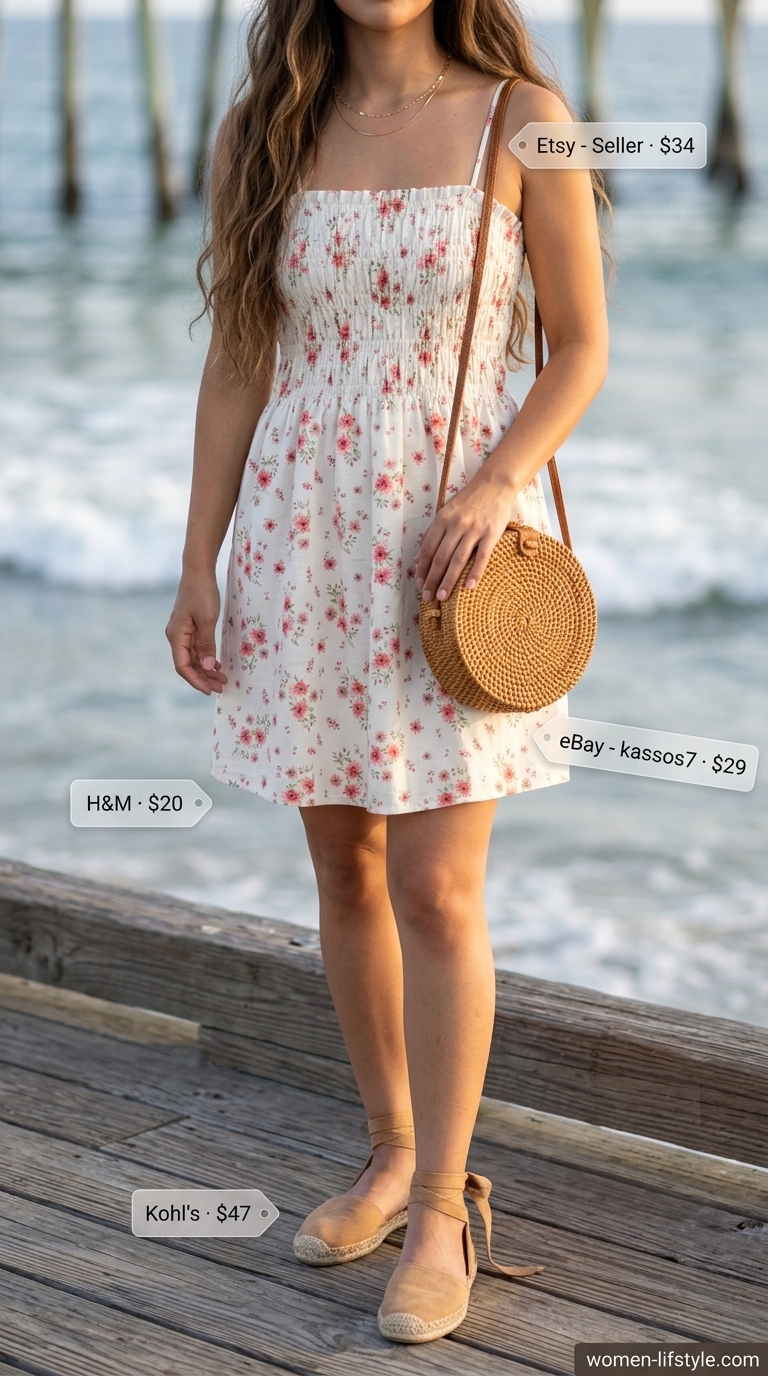 A white with terracotta floral print cotton voile mini summer sundress with a smocked bodice, paired with jute espadrille sandals, a round wicker crossbody bag, and a delicate gold layered necklace for a 'Boho Beach Babe' vibe in 2026.