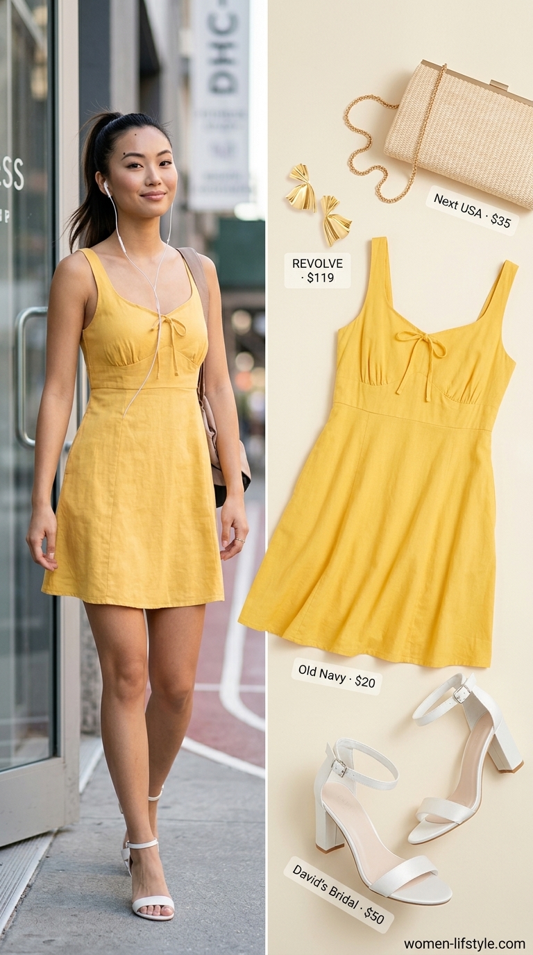 A vibrant sunny yellow fit-and-flare mini summer sundress with a V-neck, paired with white block-heel sandals, a woven clutch, and statement gold drop earrings, perfect for a garden party in 2026.