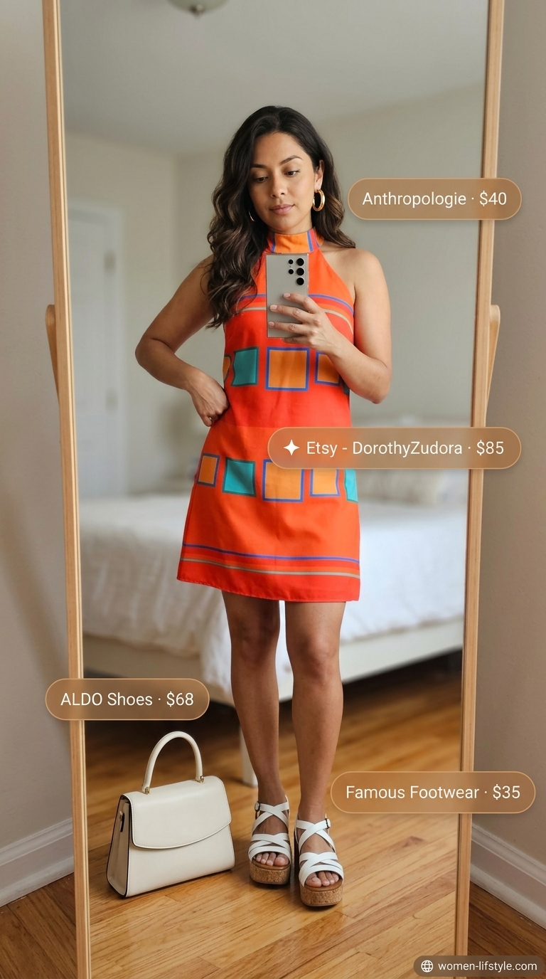 A glamorous retro mini summer sundress 2026 with a bold orange and teal geometric print, paired with an orange top-handle bag, white chunky wedges, and gold hoop earrings for a poolside look.