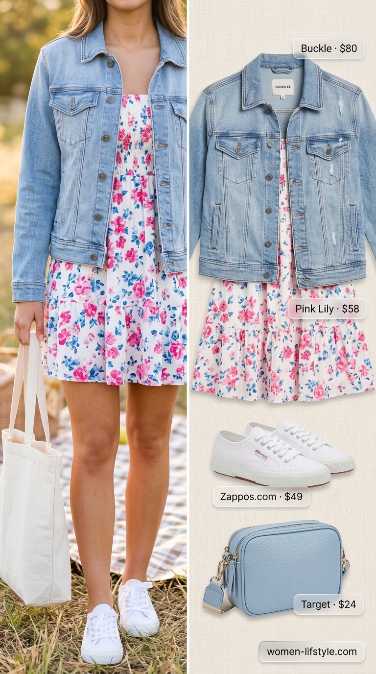A playful pink floral print smocked mini summer sundress with puff sleeves, paired with a light wash denim jacket, white canvas sneakers, and a canvas crossbody bag for a casual picnic date outfit in 2026.