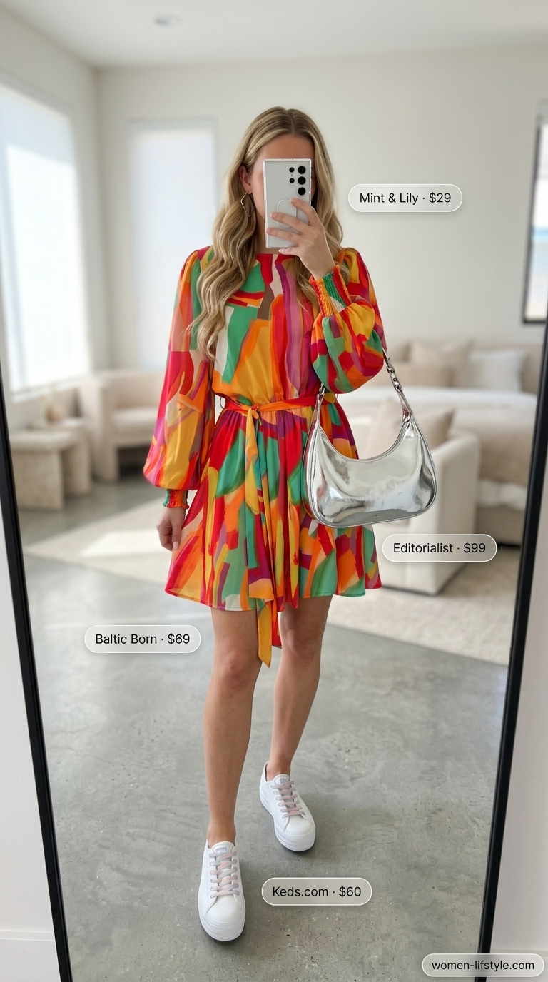 A multi-color abstract print mini summer sundress with a straight neckline, white platform sneakers, a silver metallic shoulder bag, and geometric silver hoop earrings creating a bold 'Playful Pop Art' look for 2026.