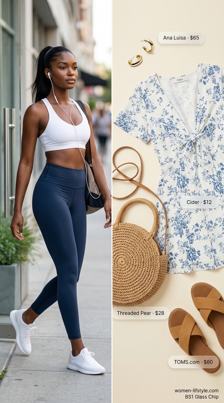 A white with navy floral print cotton voile mini summer sundress with tie-shoulder straps, styled with flat slide sandals, a round straw tote bag, and small gold hoop earrings for a relaxed bohemian beach day in 2026.