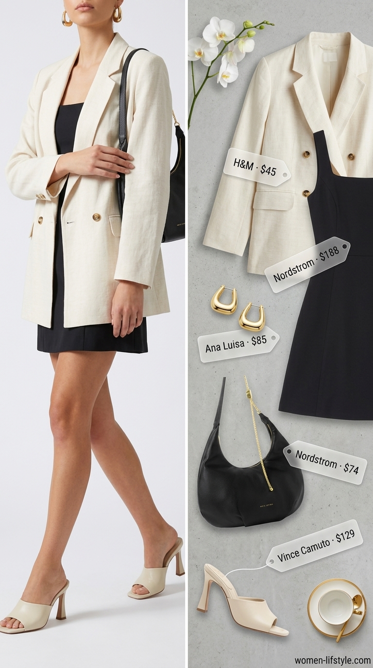 A sophisticated black A-line mini sundress with a cream oversized blazer, black low block-heel mules, a structured shoulder bag, and chunky gold hoops, showcasing chic mini summer sundresses 2026.