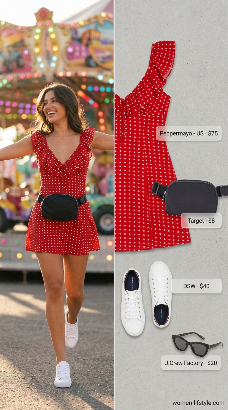 A retro red and white polka dot mini sundress with a ruffle hem, styled with classic white sneakers, a black belt bag, and cat-eye sunglasses, a fun mini summer sundresses 2026 option.