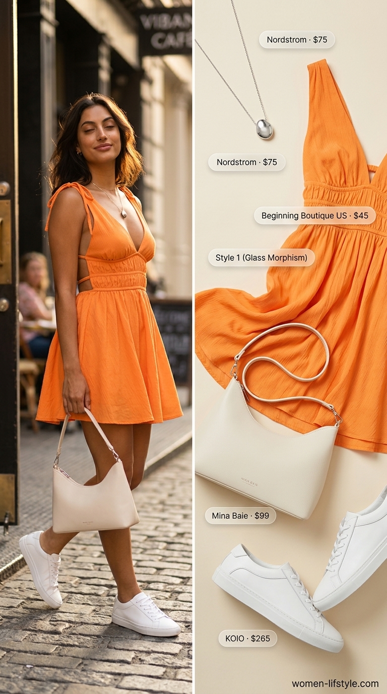 A vibrant tangerine orange A-line mini sundress with white sneakers and a cream crossbody bag, perfect for mini summer sundresses 2026 city explorations.