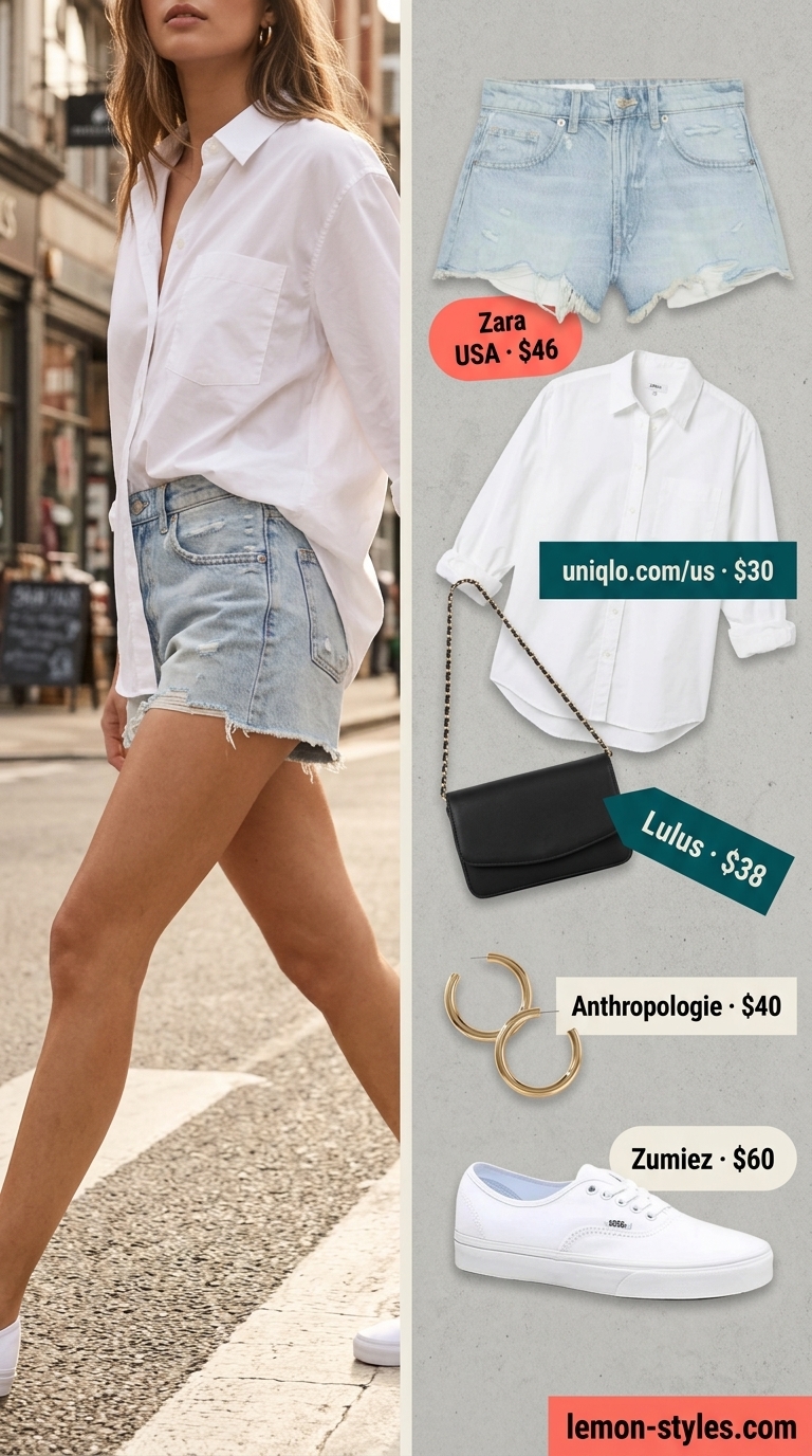 Trendy casual summer outfits for women 2026: Distressed denim shorts, oversized white shirt, and canvas sneakers for city exploring.
