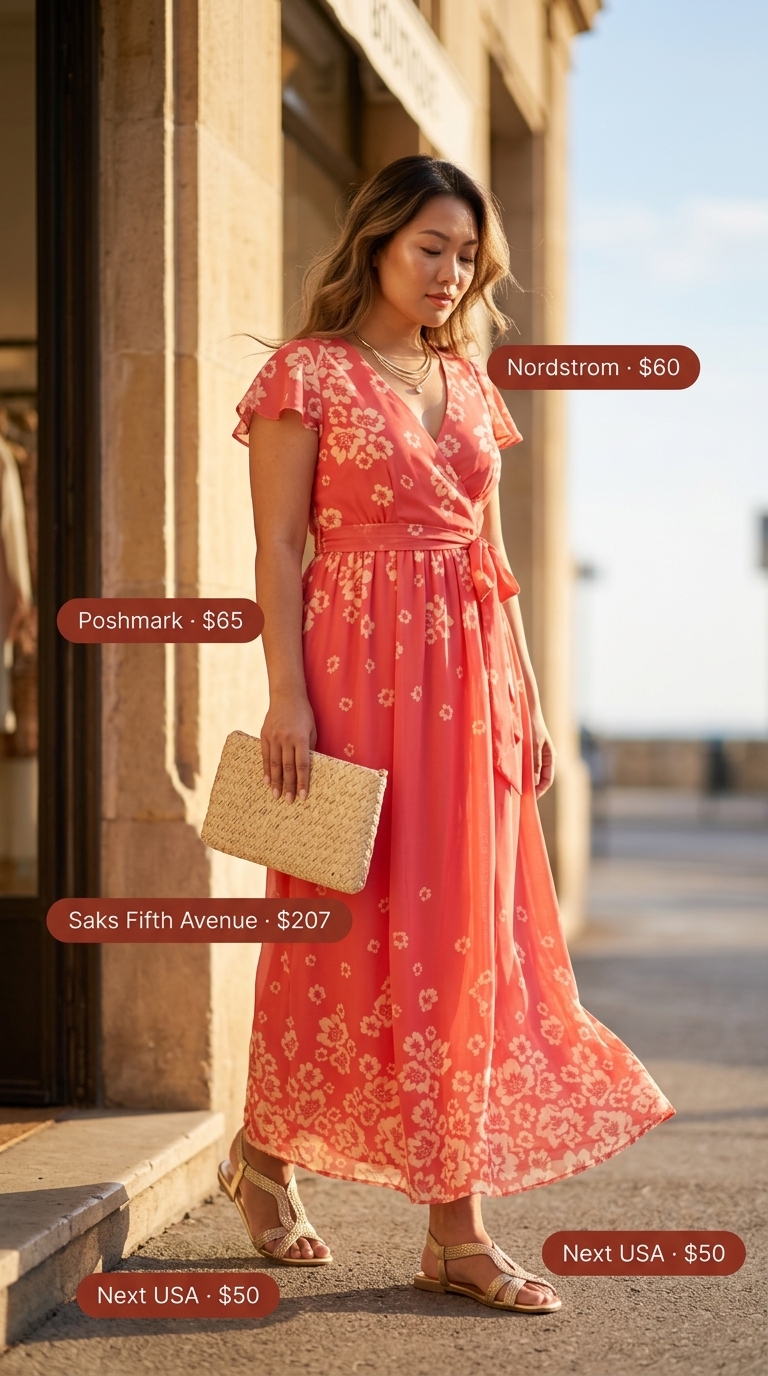 Midsize dress outfits summer for women 2026: Coral and cream floral wrap maxi dress for bohemian summer evenings.