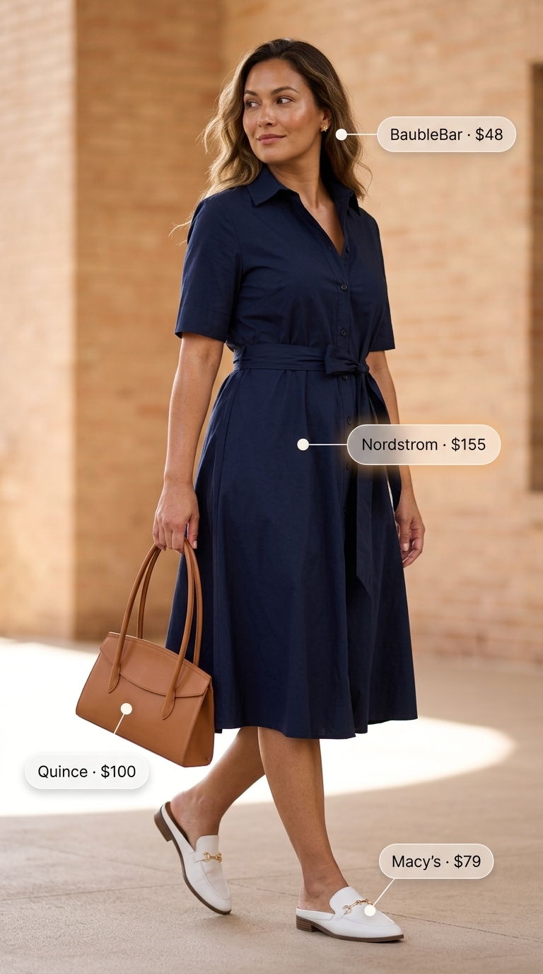 Midsize dress outfits summer for women 2026: Navy shirt dress for polished city brunches and casual office days.