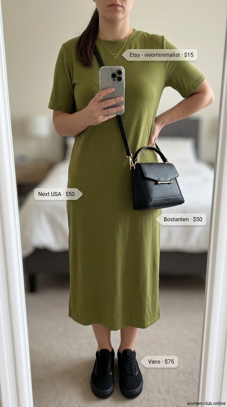 Midsize dress outfits summer for women 2026: Olive green t-shirt dress, black sneakers, crossbody bag for urban safari.