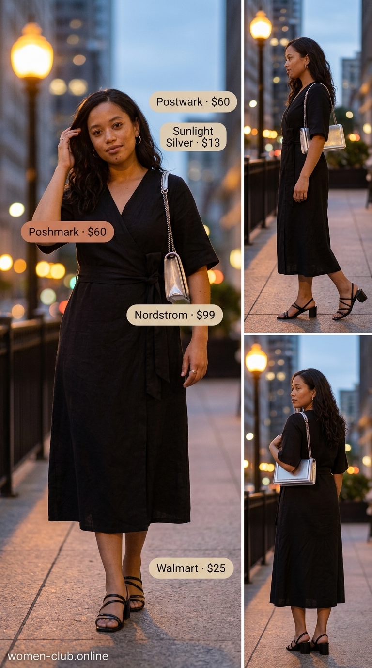 Midsize dress outfits summer for women 2026: Black linen wrap dress, silver sandals, silver bag, and silver hoops for dinner.