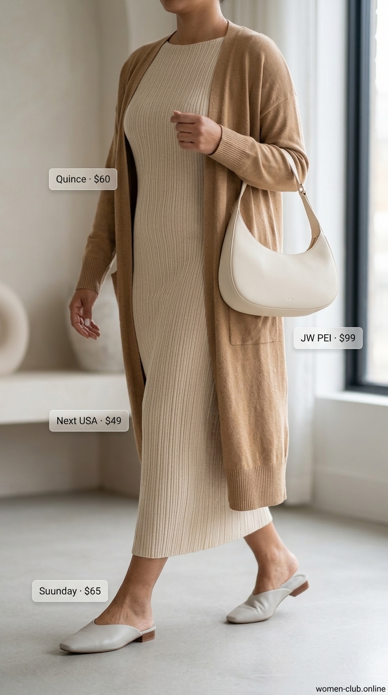 Midsize dress outfits summer for women 2026: Tan knit dress, cream cardigan, and mules for monochromatic day look.