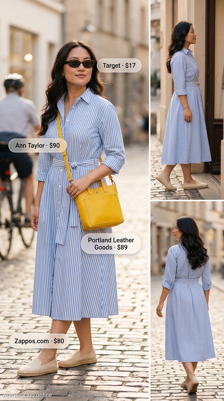Midsize dress outfits summer for women 2026: Sky blue striped shirt dress, espadrilles, crossbody bag, and sunglasses for gallery visit.