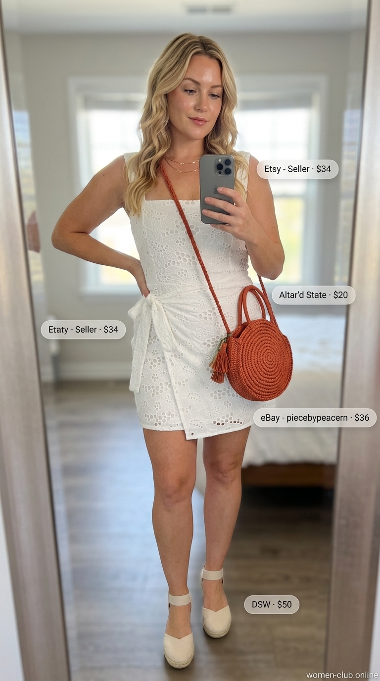 Midsize dress outfits summer for women 2026: White eyelet mini dress, tan espadrilles, terracotta bag for a city brunch.