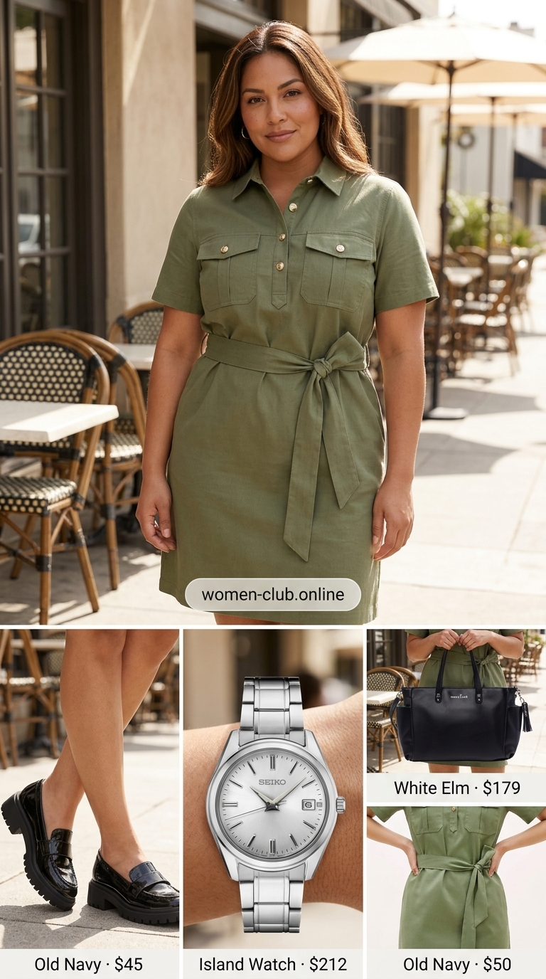 Midsize dress outfits summer for women 2026: Olive utility dress, black loafers, black tote, and silver watch for casual office.