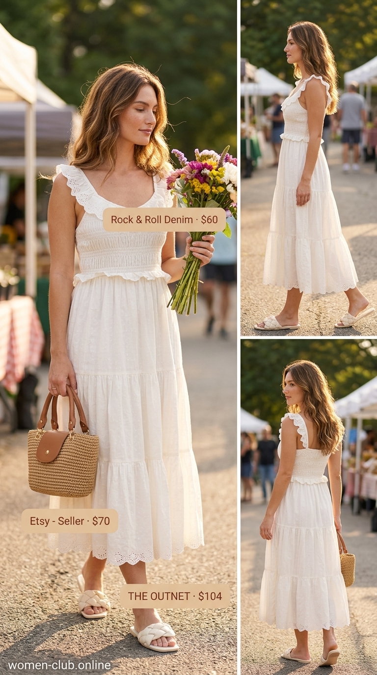 Midsize dress outfits summer for women 2026: White eyelet midi dress, cream braided slides, straw tote, and pearl earrings.
