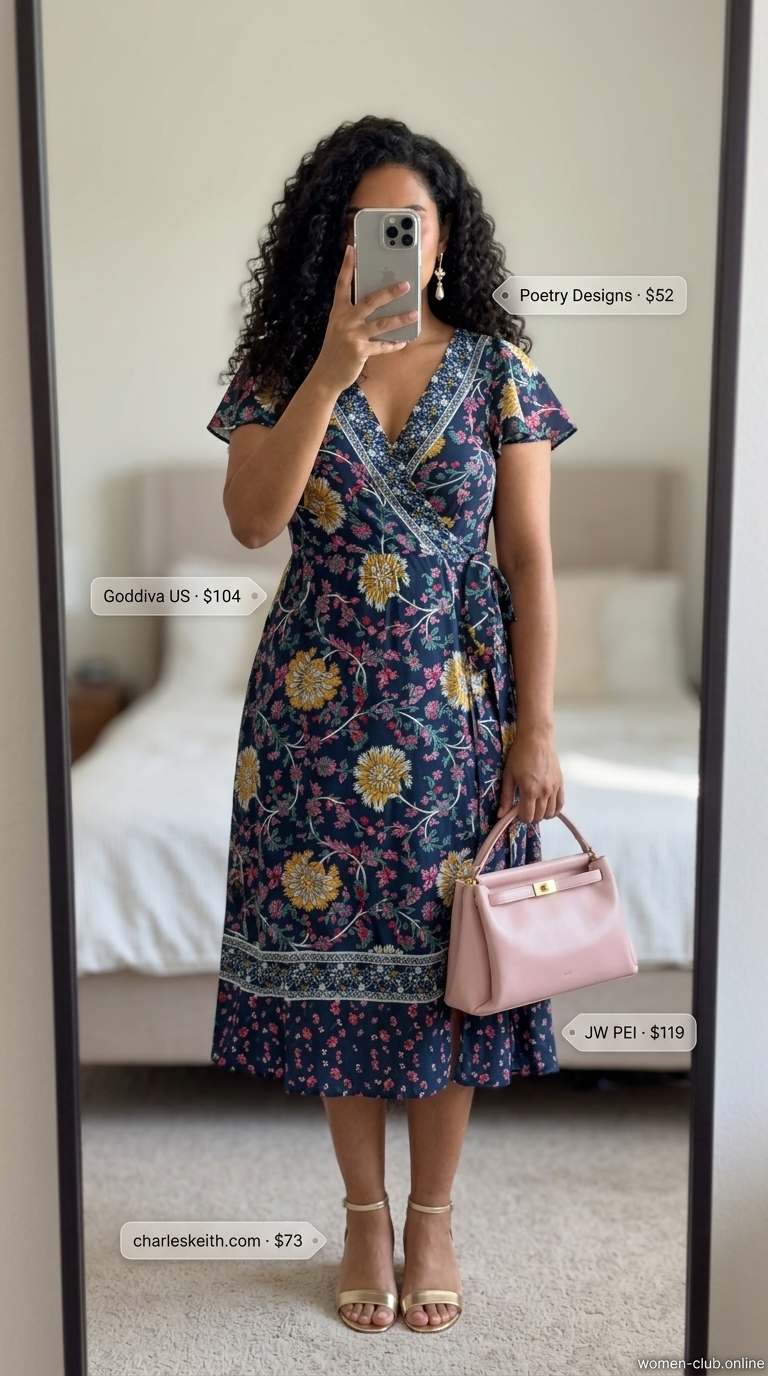 Midsize dress outfits summer for women 2026: Navy floral wrap dress, gold heels, blush bag for date night.
