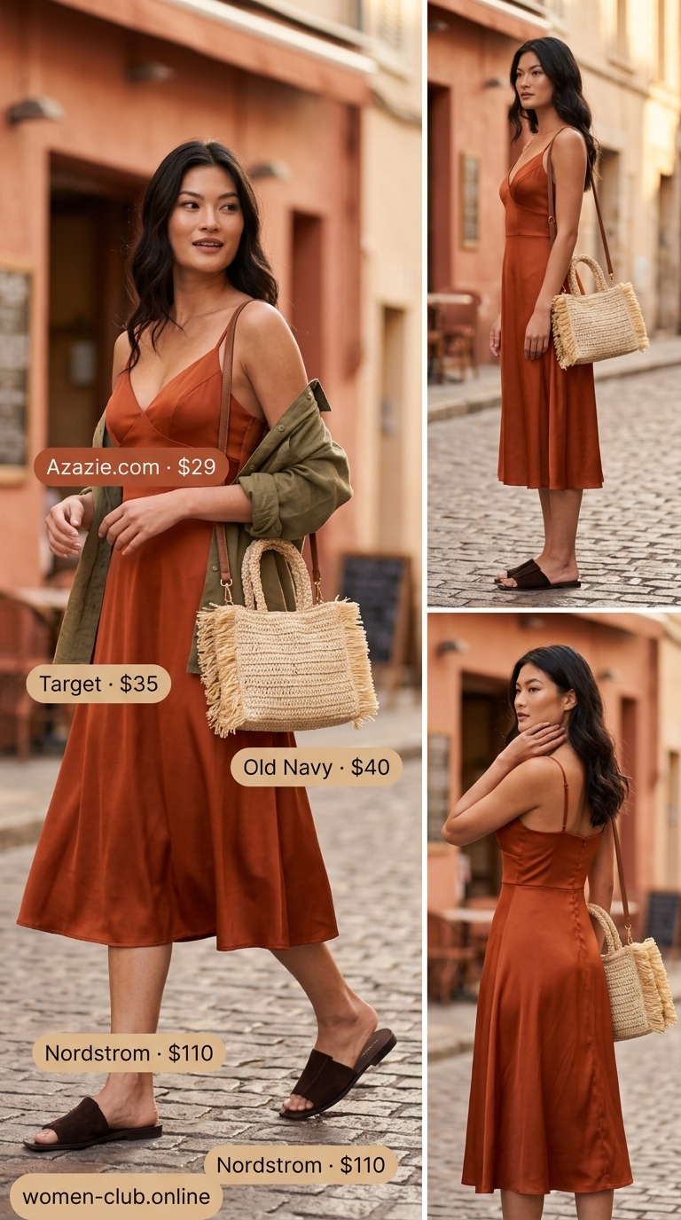 Midsize dress outfits summer for women 2026: Terracotta satin slip dress, olive oversized shirt, raffia bag, and leather slides.