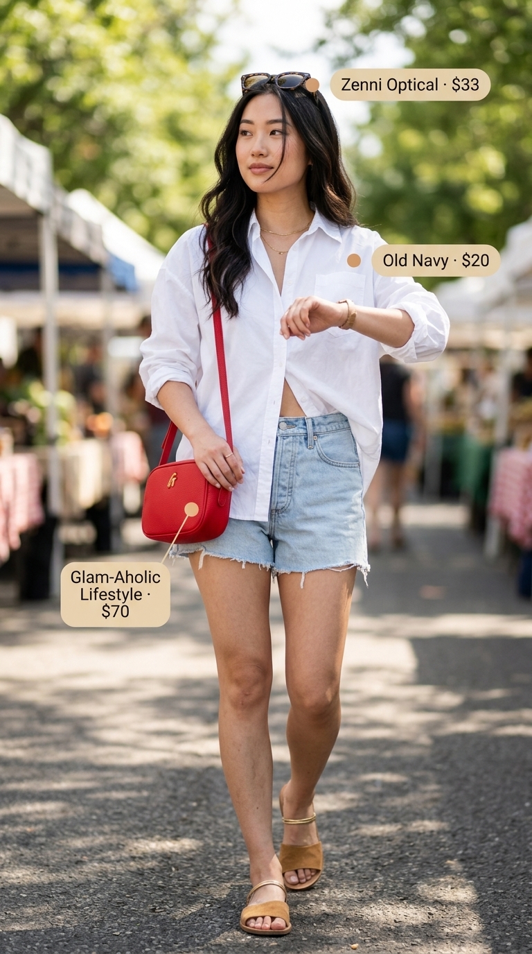 Light wash denim shorts and white button-down for summer outfits for women 2026 casual wear.