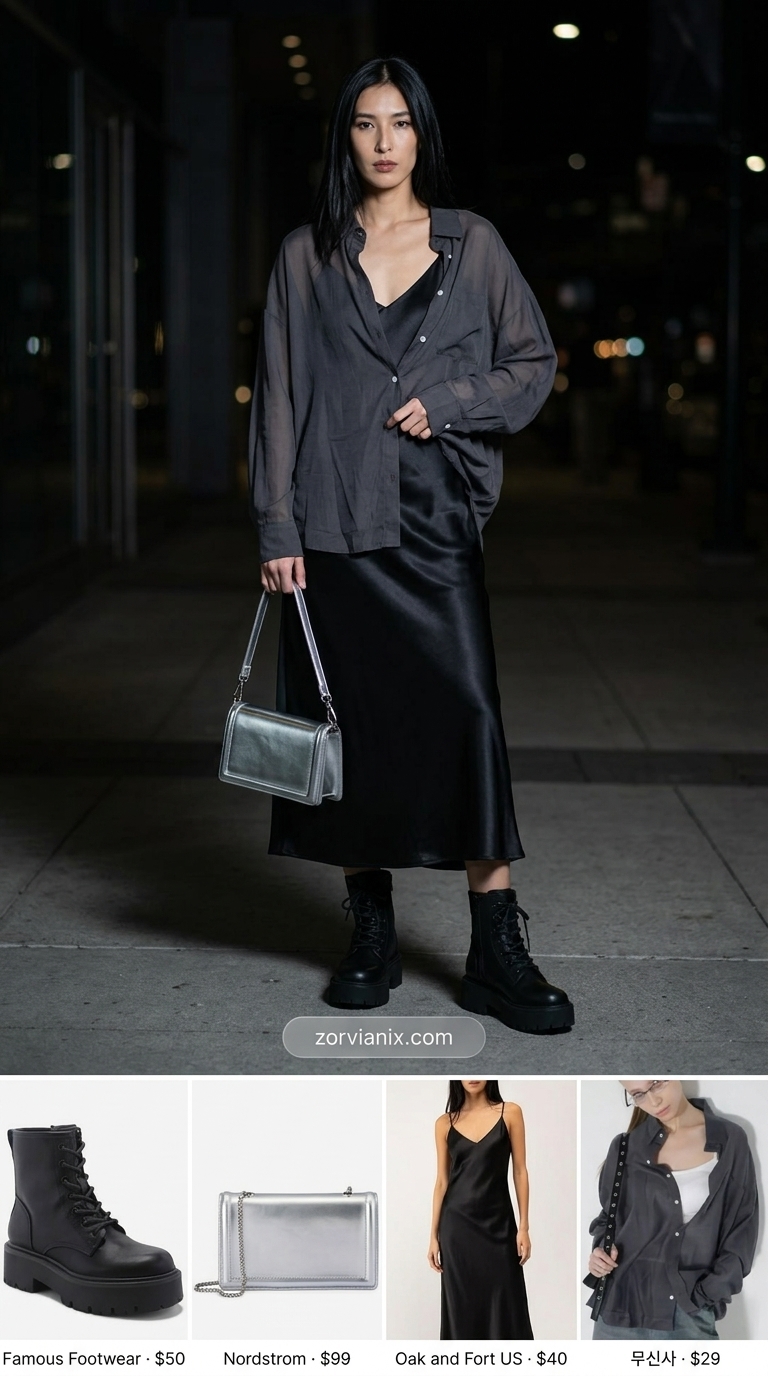 Black satin slip dress with combat boots for summer outfits for women 2026 night out.