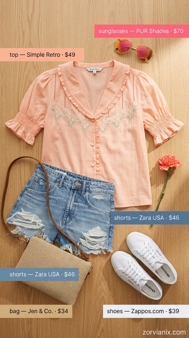 Playful coral embroidered peasant blouse with denim shorts for summer outfits for women 2026, great for weekend markets.