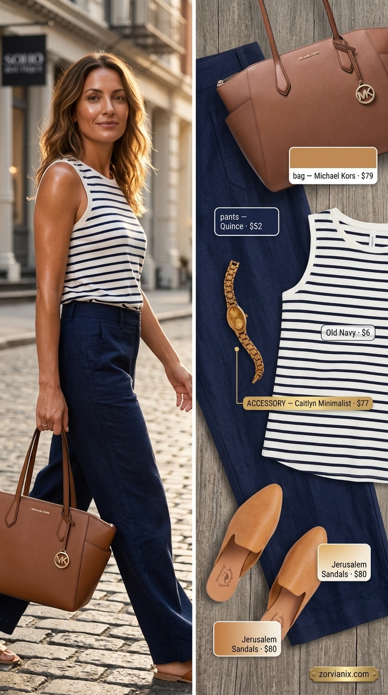 Sophisticated navy wide-leg linen trousers outfit for summer outfits for women 2026, for business casual and upscale brunch.