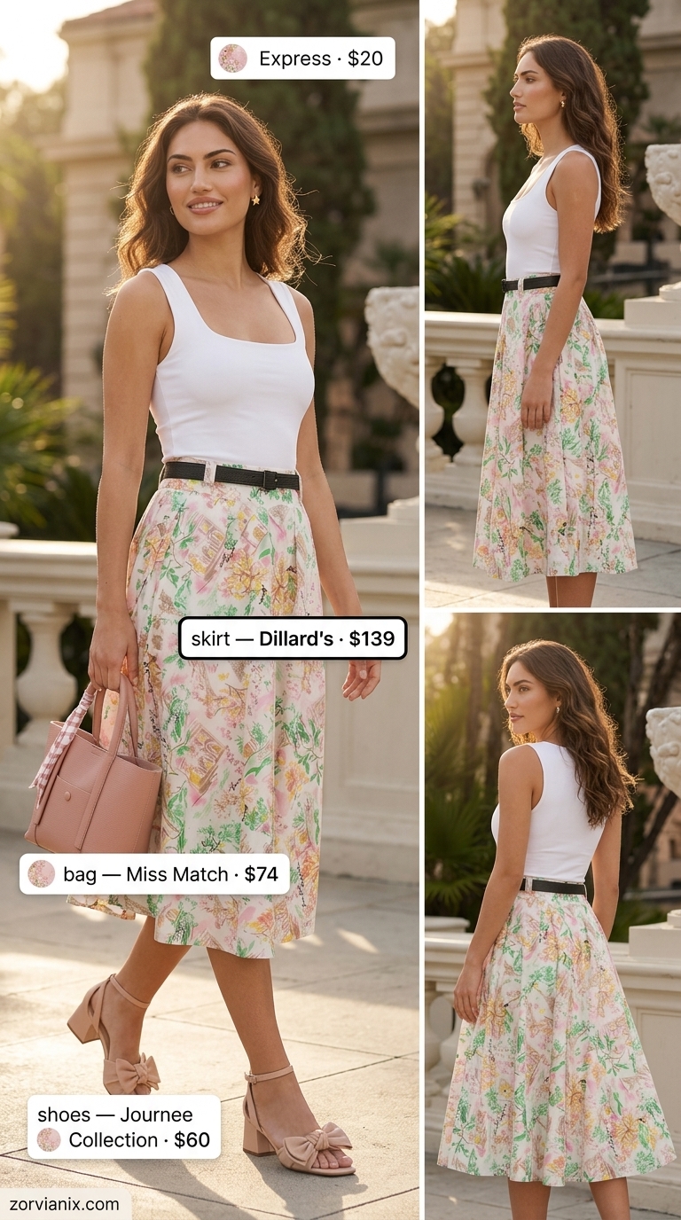 Floral print A-line midi skirt with white knit top for elegant summer outfits for women 2026 garden party.