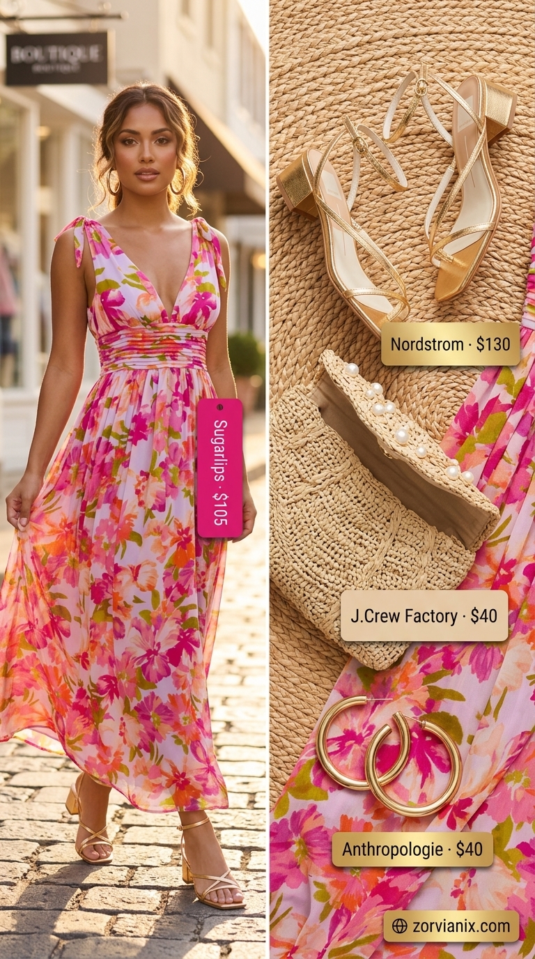 Glamorous tropical floral maxi dress outfit for summer outfits for women 2026, perfect for resort dinners and cocktail parties.