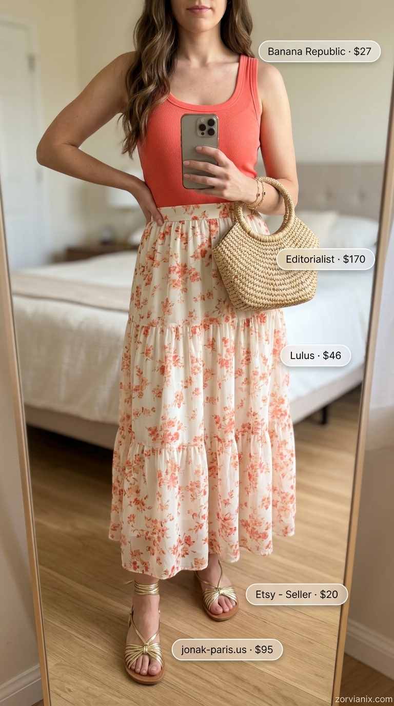 Whimsical coral floral maxi skirt outfit for summer outfits for women 2026, ideal for garden parties and vacation dinners.