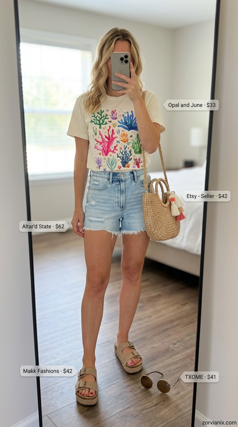 Light wash denim shorts with graphic tee for energetic summer outfits for women 2026 festival fun.