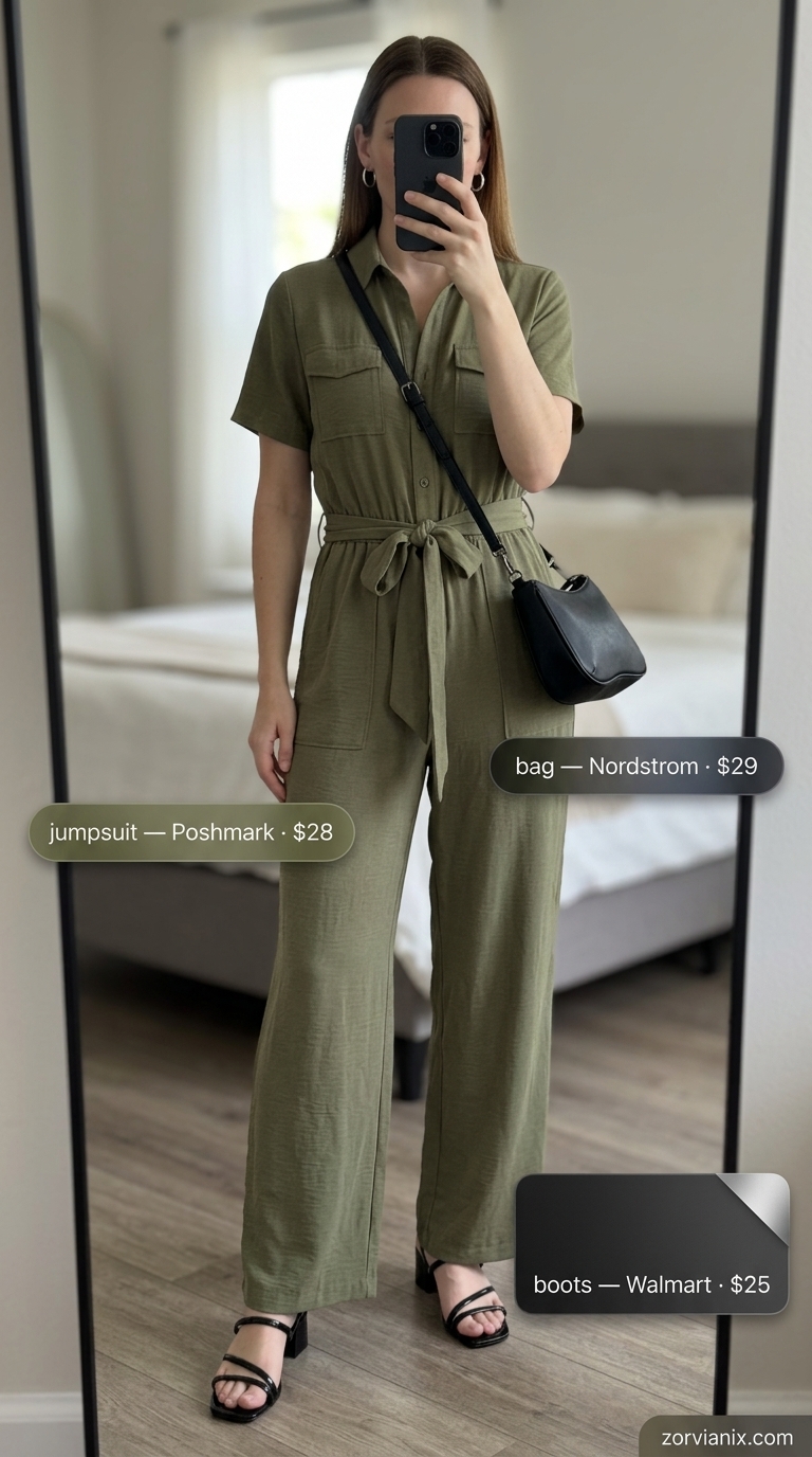 Khaki utility jumpsuit for summer outfits for women 2026 urban exploration.