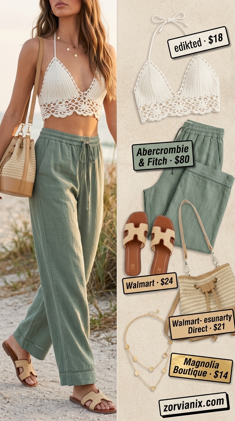 Sage green linen pants and crochet top for summer outfits for women 2026 coastal chic.