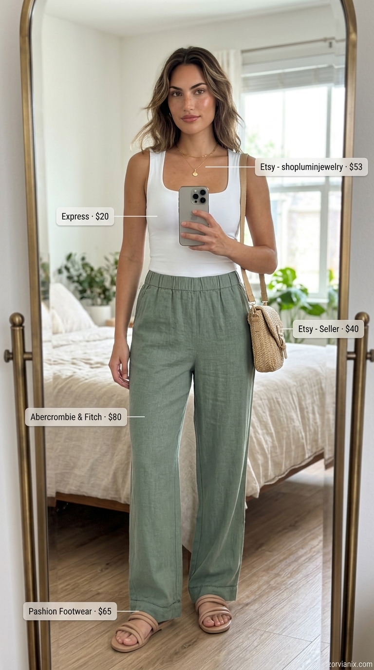 Sage green linen pants and white ribbed tank for summer outfits for women 2026 beach vacation.