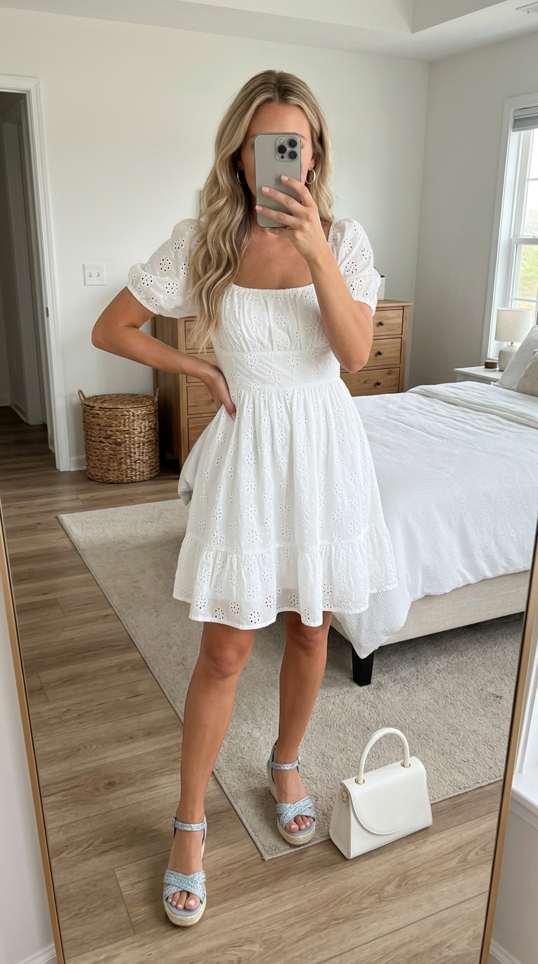 Sweet powder blue eyelet sundress outfit for summer outfits for women 2026, perfect for weekend getaways and casual dates.