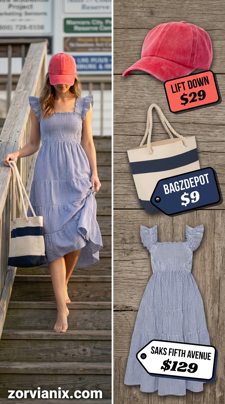 Navy gingham shirt dress for classic summer outfits for women 2026 lakeside escape.