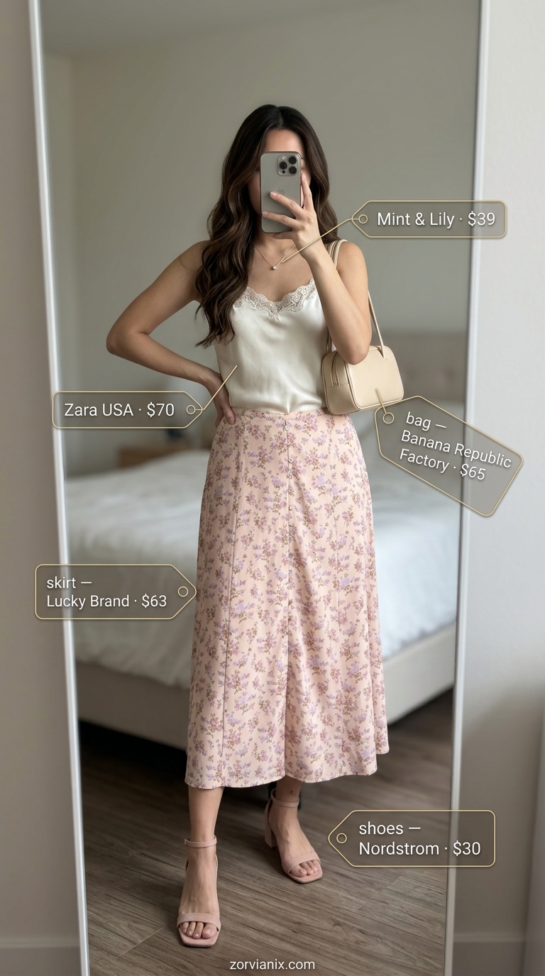 Romantic blush pink floral midi skirt outfit for summer outfits for women 2026, perfect for garden parties and brunch.