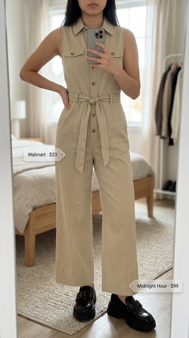 Khaki wide-leg jumpsuit for edgy summer outfits for women 2026 urban exploration.